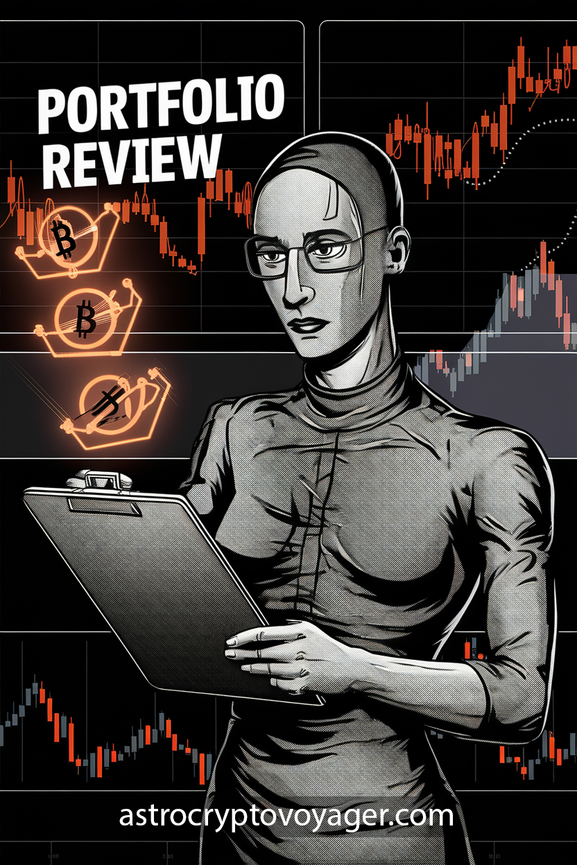 Virgo’s Crypto Checklist Comic-style, black and white with orange accents: A Virgo figure with a clipboard, checking off items on a glowing checklist labeled “Portfolio Review,” with Bitcoin charts in the background.